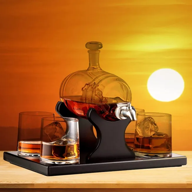 Whiskey Decanter Barrel Gift Set