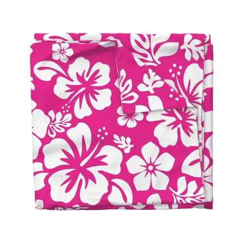 White Hibiscus and Hawaiian Flowers on Surfer Girl Pink Duvet Cover -Medium Scale