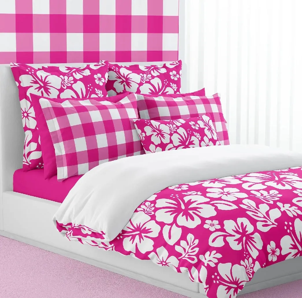 White Hibiscus and Hawaiian Flowers on Surfer Girl Pink Duvet Cover -Medium Scale