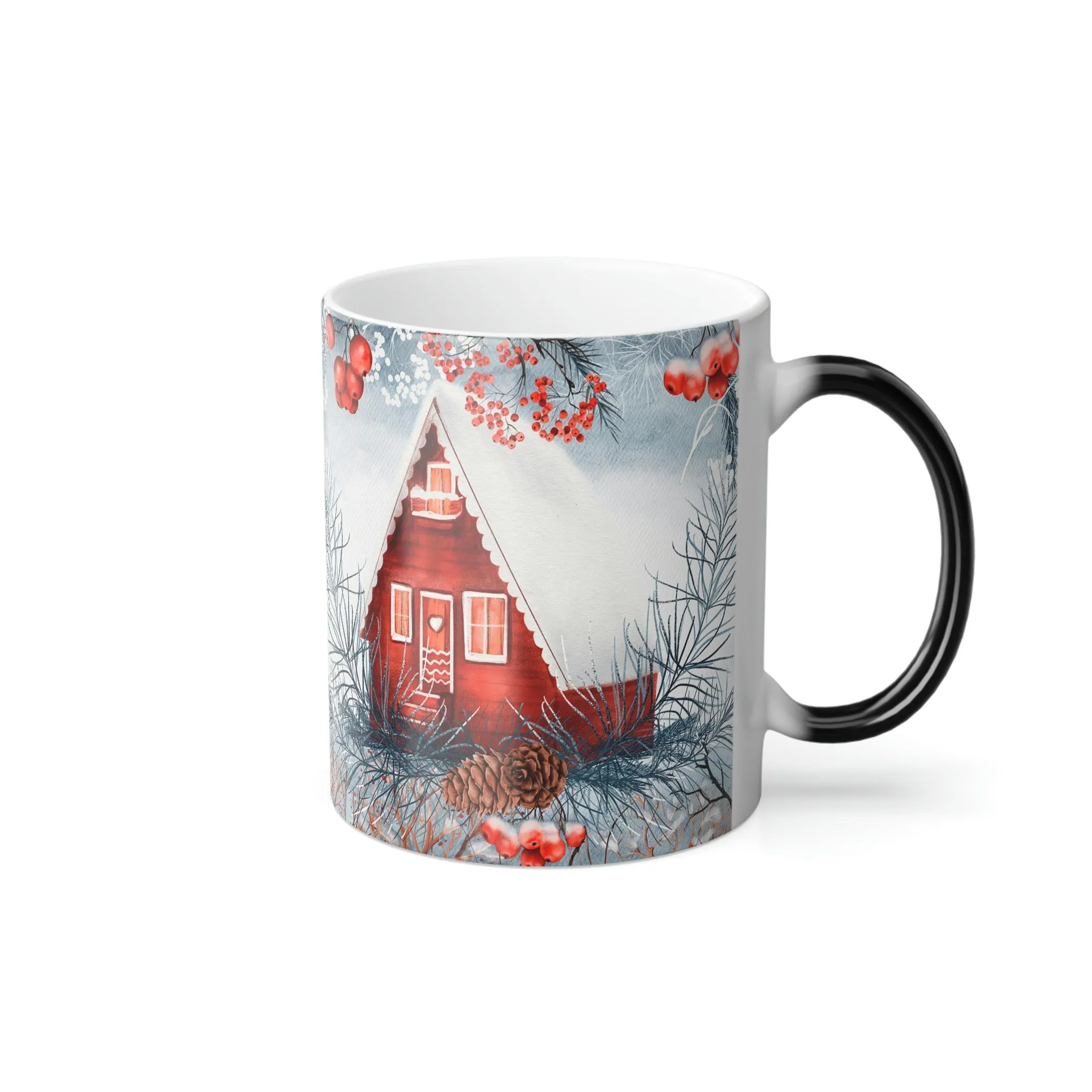 Winter cabin and red berries 11oz Color Morphing Mug