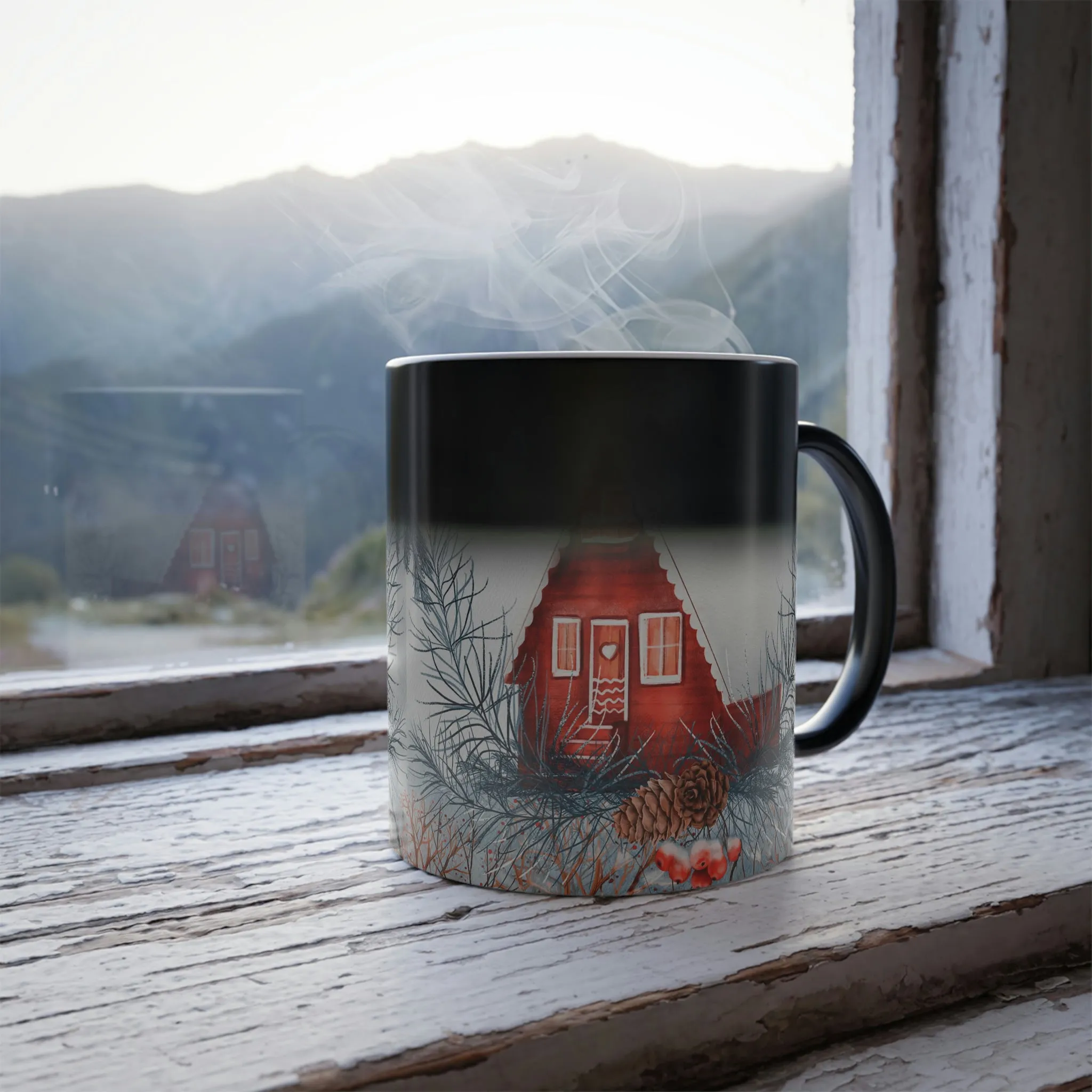 Winter cabin and red berries 11oz Color Morphing Mug