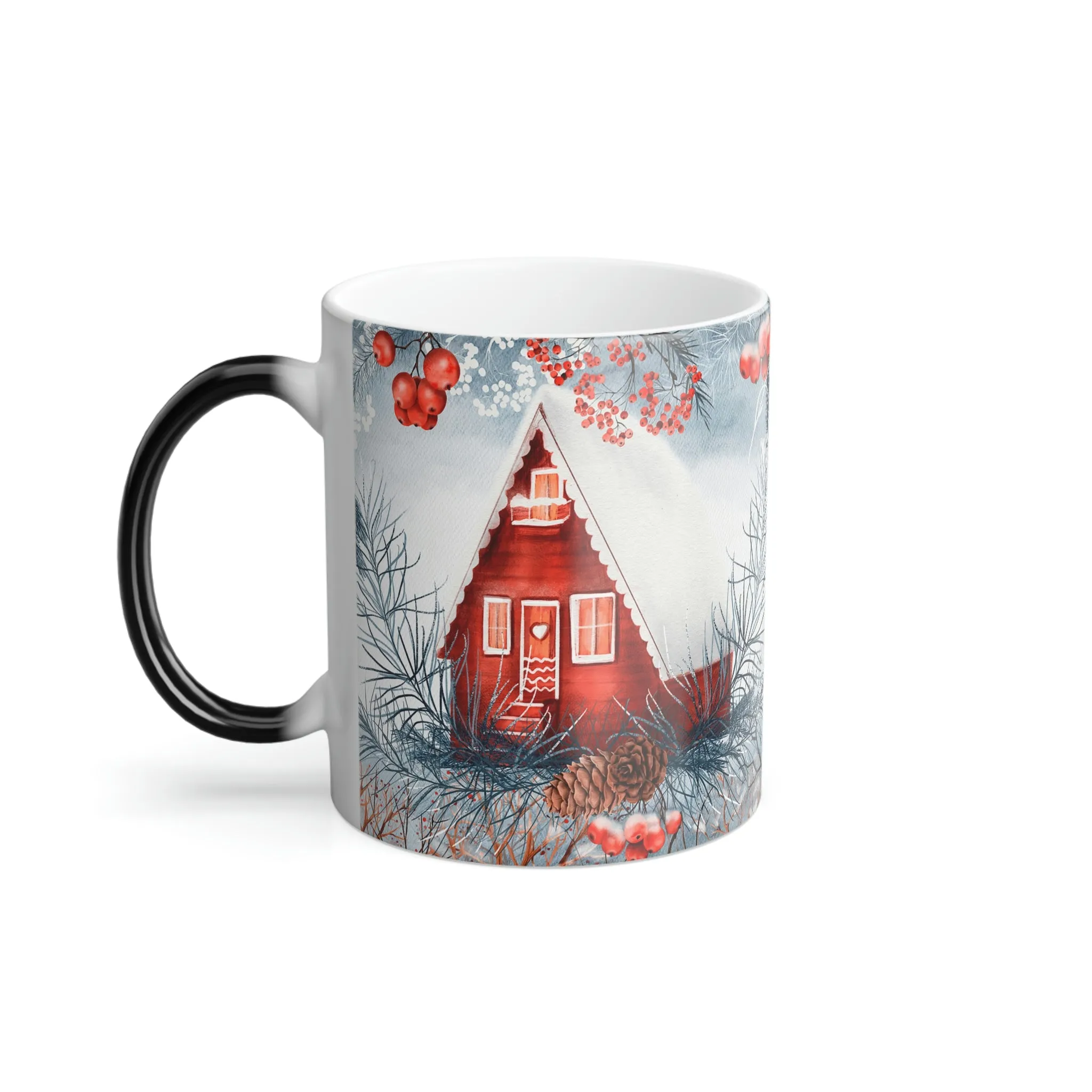 Winter cabin and red berries 11oz Color Morphing Mug