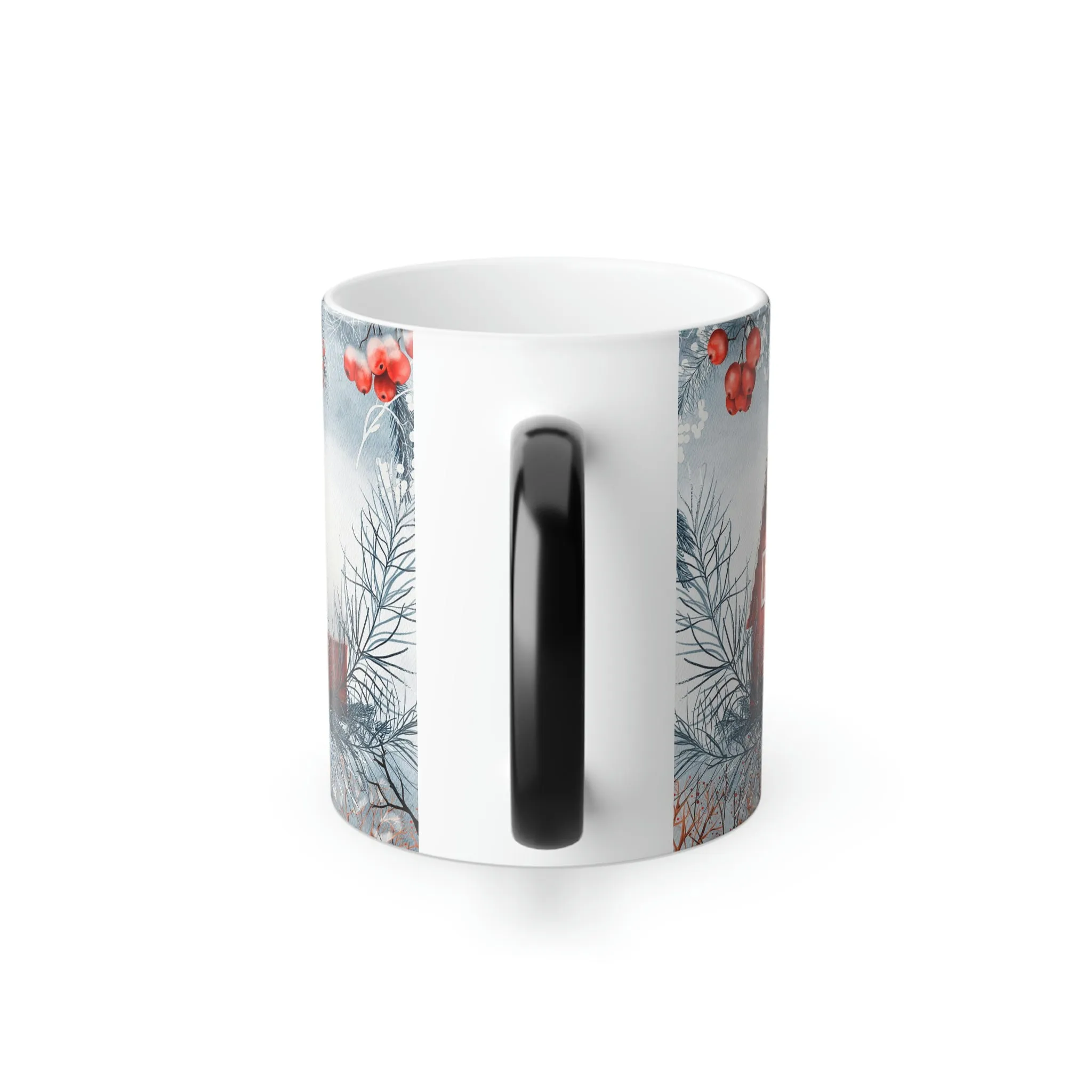 Winter cabin and red berries 11oz Color Morphing Mug