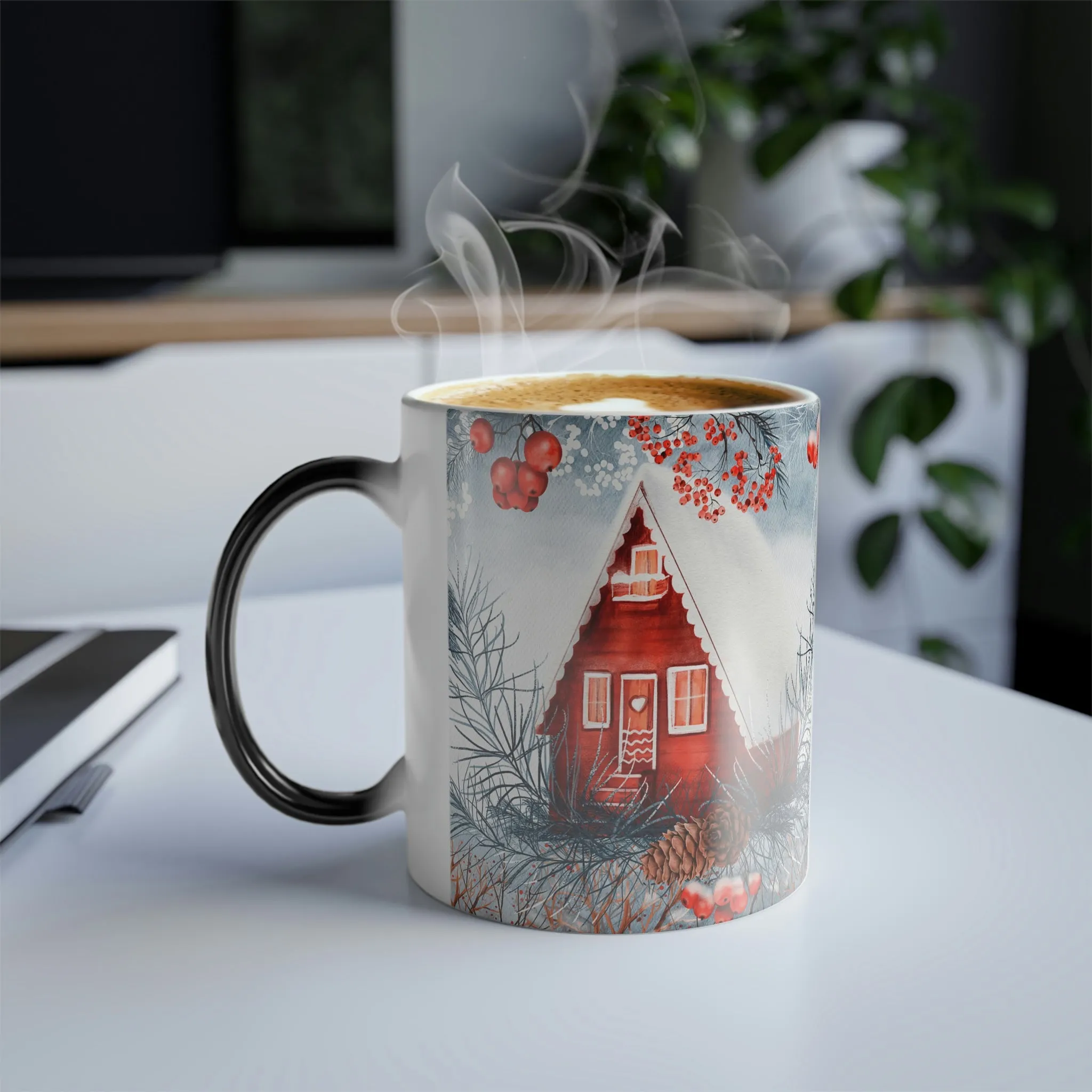 Winter cabin and red berries 11oz Color Morphing Mug