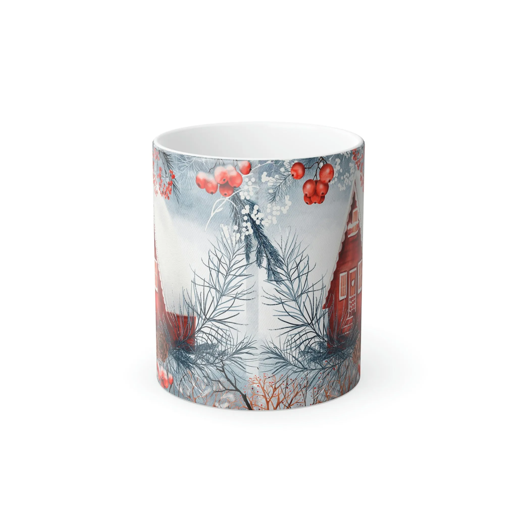 Winter cabin and red berries 11oz Color Morphing Mug