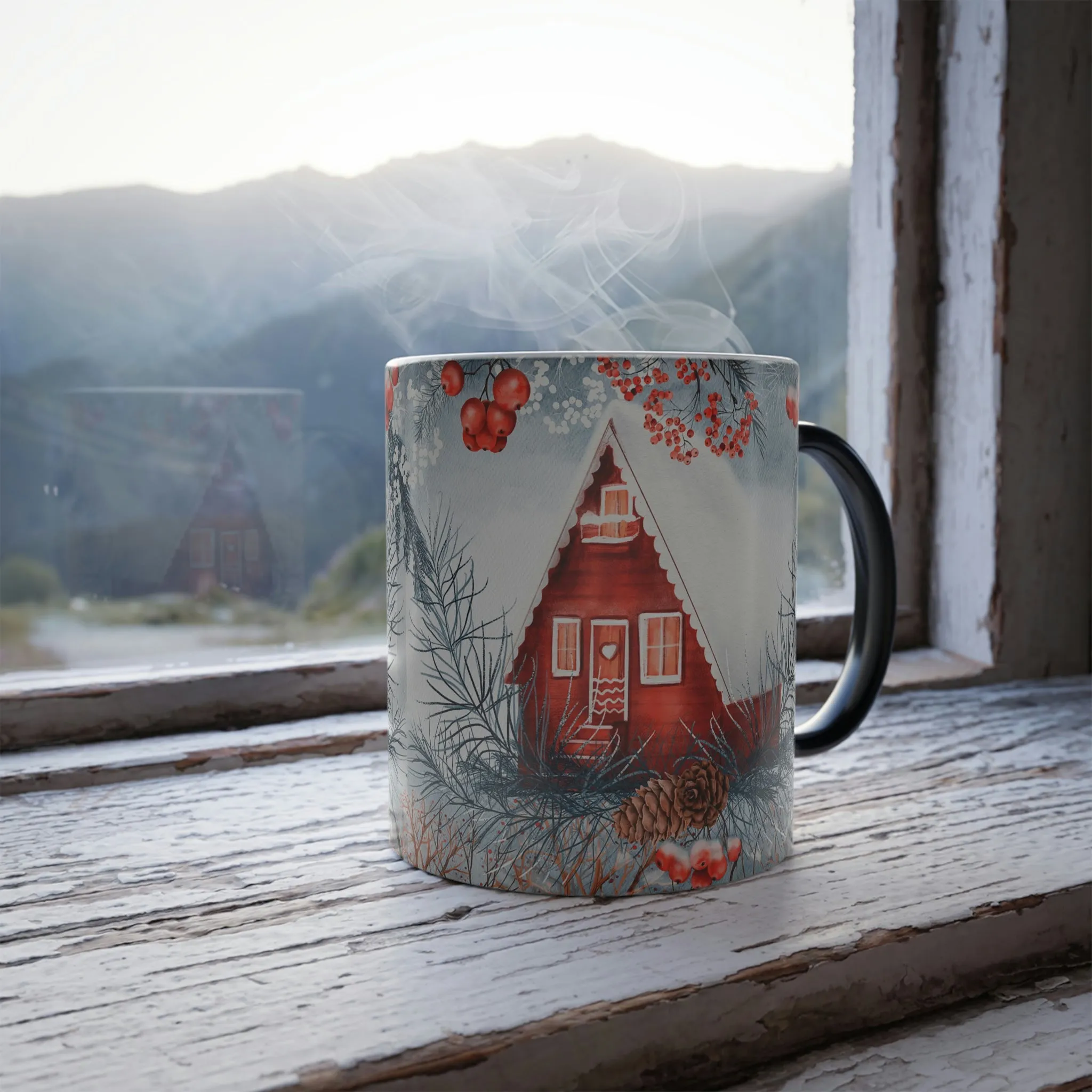 Winter cabin and red berries 11oz Color Morphing Mug