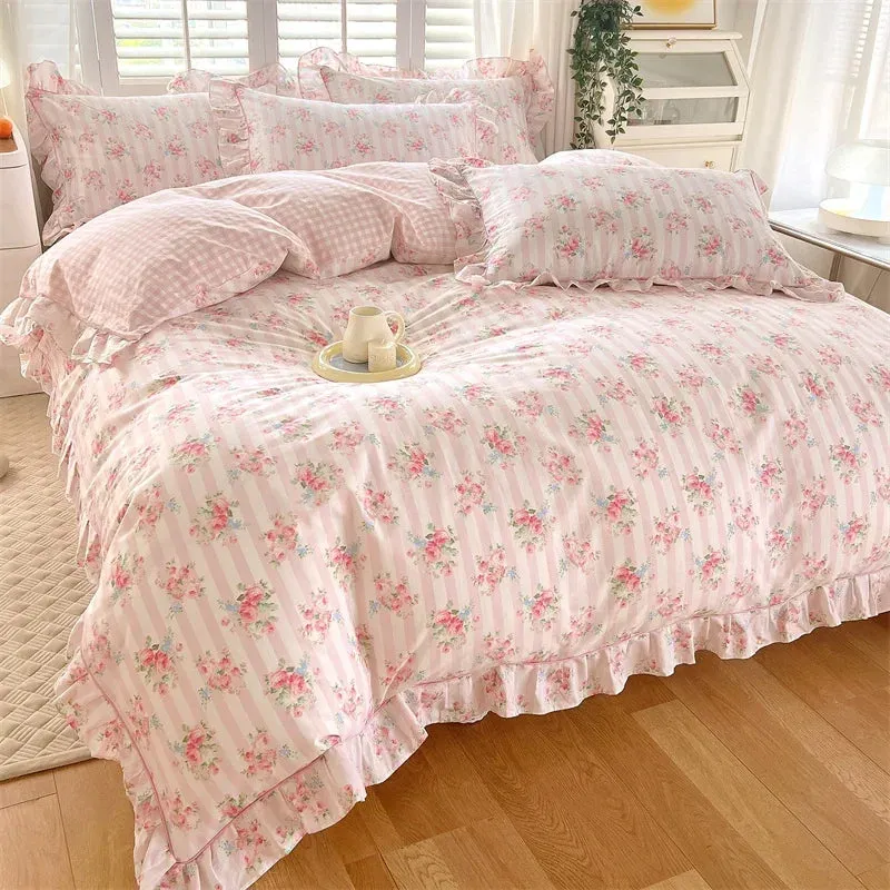 Yeknu Princess Style Ruffles 100% Cotton Quilt Cover Set or Single Quilt Covers Floral Soft Duvet Cover Cotton Cute Comforter Covers