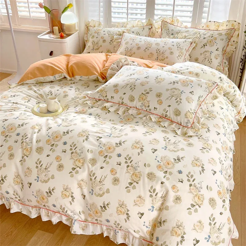 Yeknu Princess Style Ruffles 100% Cotton Quilt Cover Set or Single Quilt Covers Floral Soft Duvet Cover Cotton Cute Comforter Covers