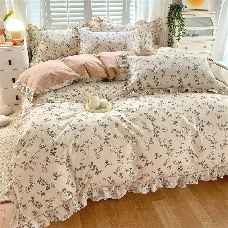 Yeknu Princess Style Ruffles 100% Cotton Quilt Cover Set or Single Quilt Covers Floral Soft Duvet Cover Cotton Cute Comforter Covers