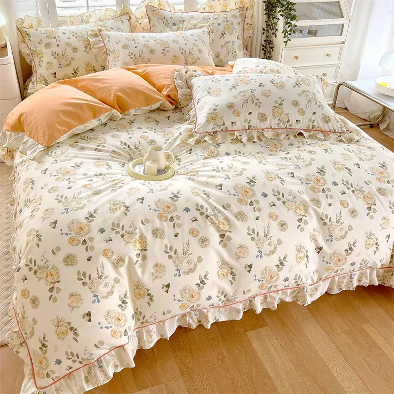 Yeknu Princess Style Ruffles 100% Cotton Quilt Cover Set or Single Quilt Covers Floral Soft Duvet Cover Cotton Cute Comforter Covers