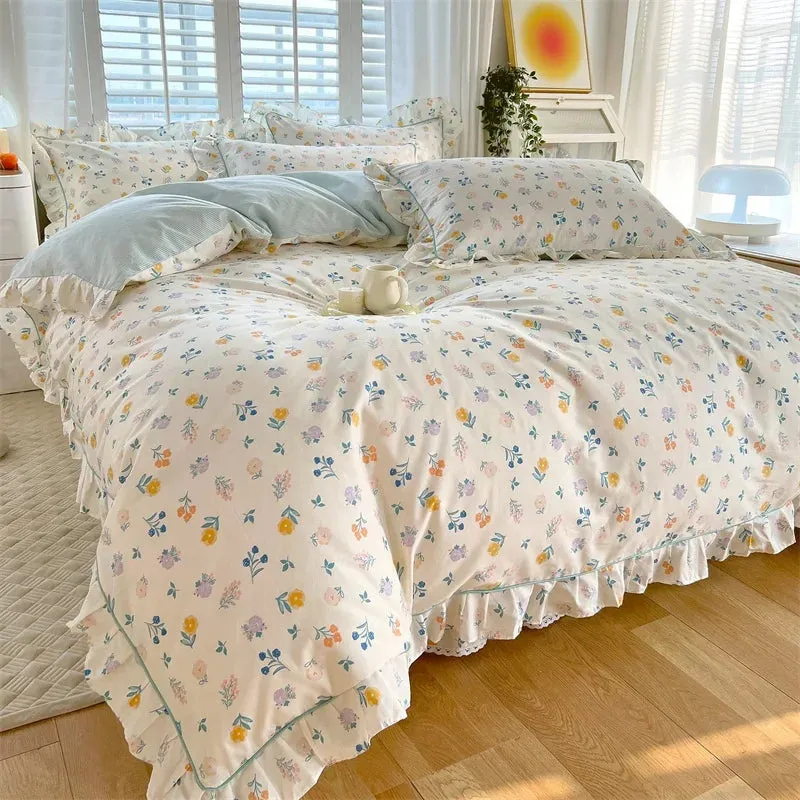 Yeknu Princess Style Ruffles 100% Cotton Quilt Cover Set or Single Quilt Covers Floral Soft Duvet Cover Cotton Cute Comforter Covers