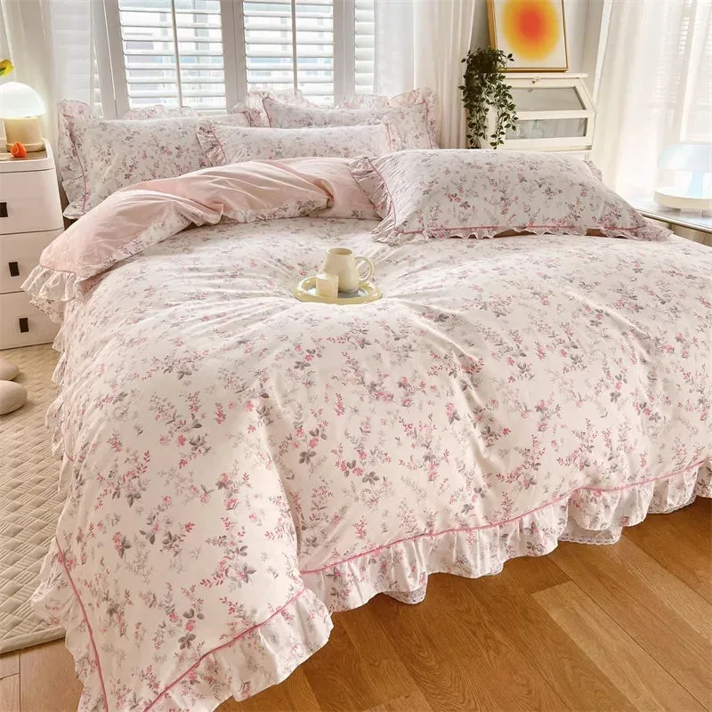 Yeknu Princess Style Ruffles 100% Cotton Quilt Cover Set or Single Quilt Covers Floral Soft Duvet Cover Cotton Cute Comforter Covers