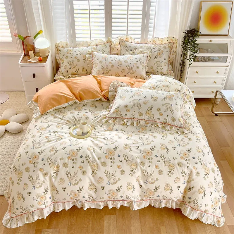 Yeknu Princess Style Ruffles 100% Cotton Quilt Cover Set or Single Quilt Covers Floral Soft Duvet Cover Cotton Cute Comforter Covers