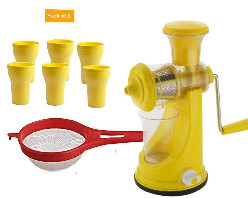 Your Brand Kitchen combo -Manual Fruit Juicer with Plastic Small Tea Strainer Sieve &  6pcs Plastic Juice Drinking Glasses